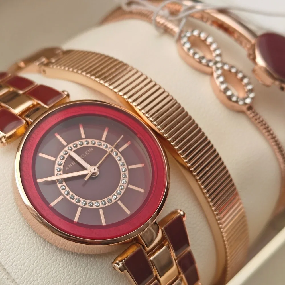 Anne Klein Women Rose Gold Red Burgundy Watch Bracelet Set NEW Infinity Enamel